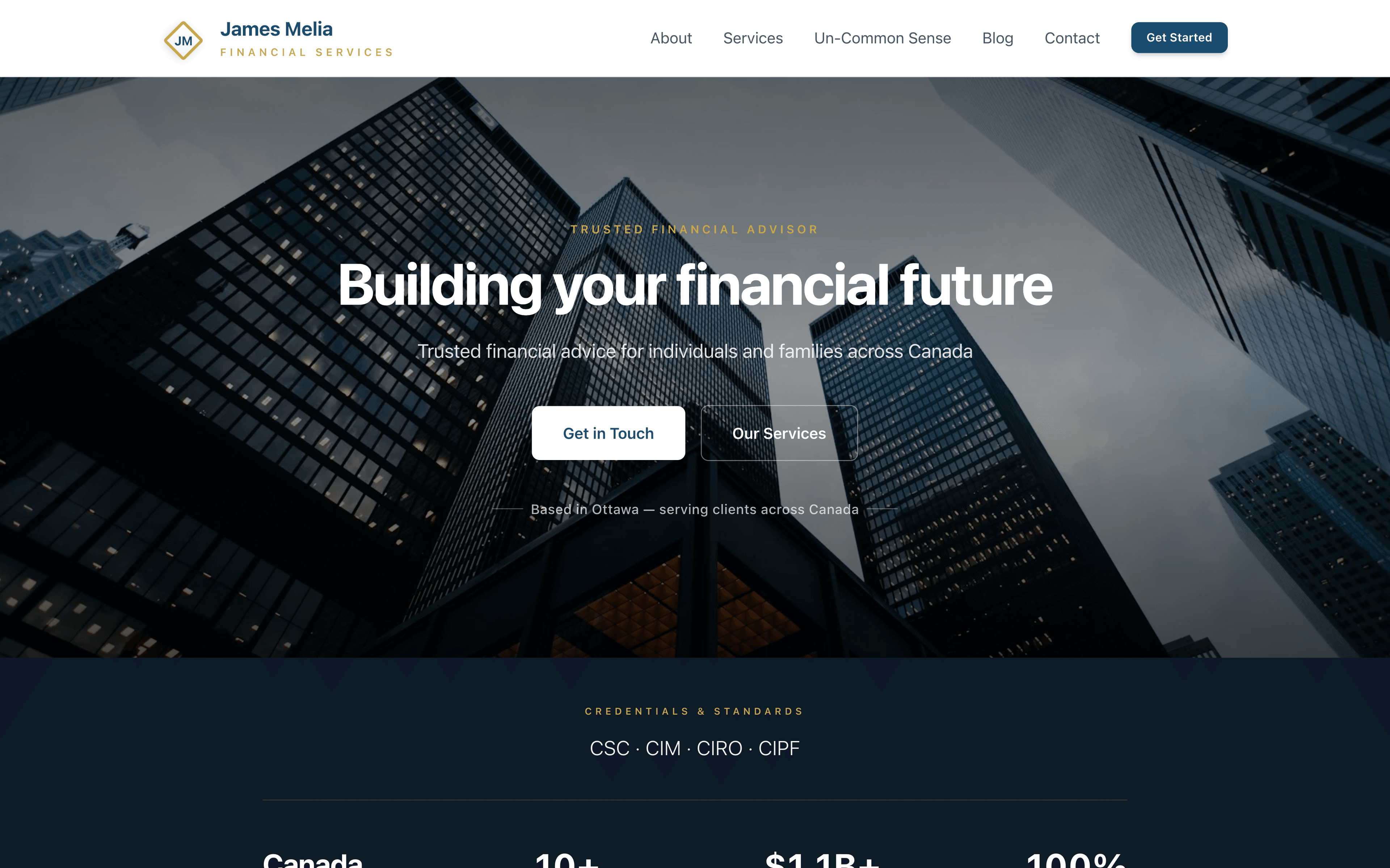 James Melia Financial Services website — hero section showing Ottawa skyline
